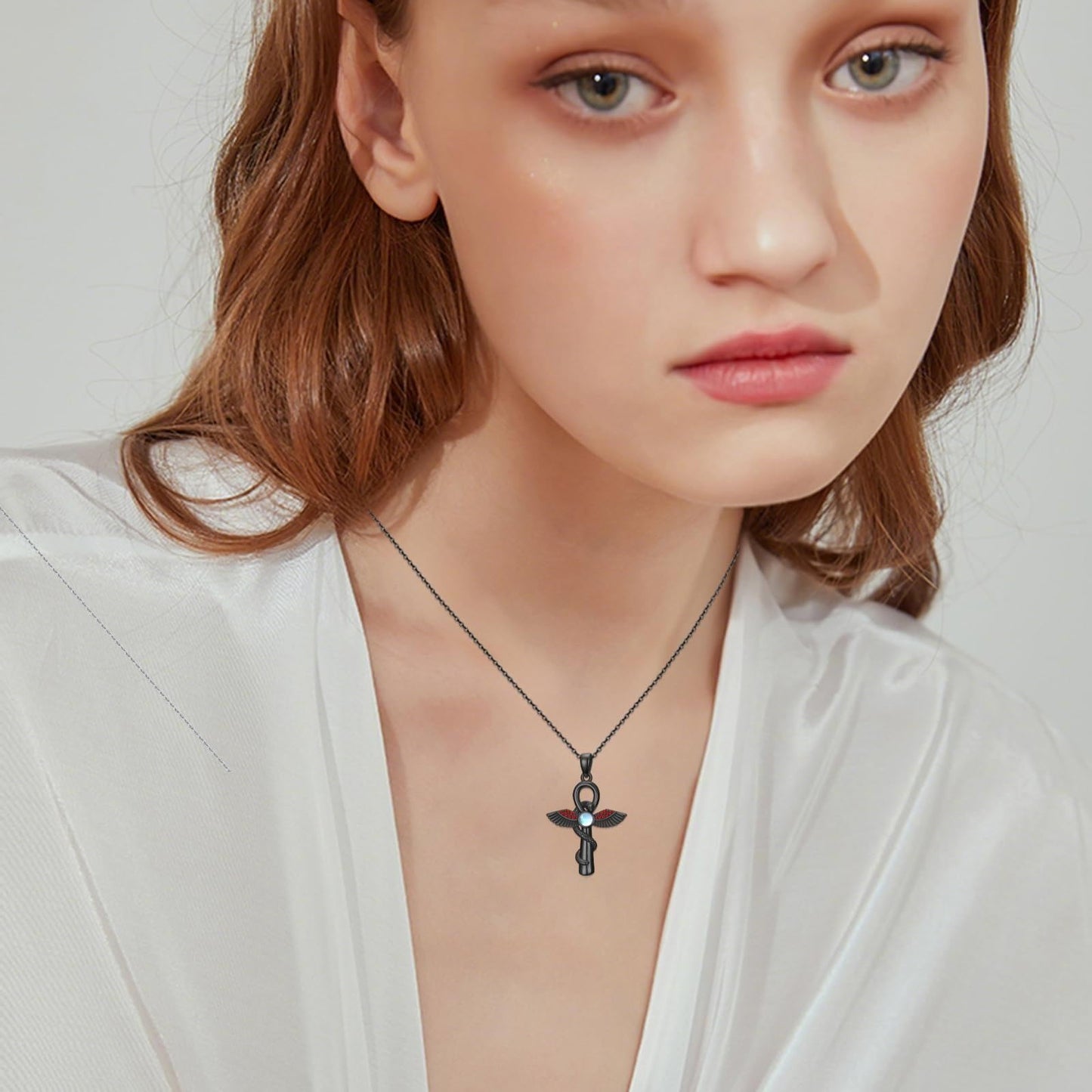 YEESIA Cross Necklace for Men and Women, 925 Sterling Silver, Black Anka Cross Pendant Necklace with Moonstone, Egyptian Protective Jewelry Gift for Men and Women