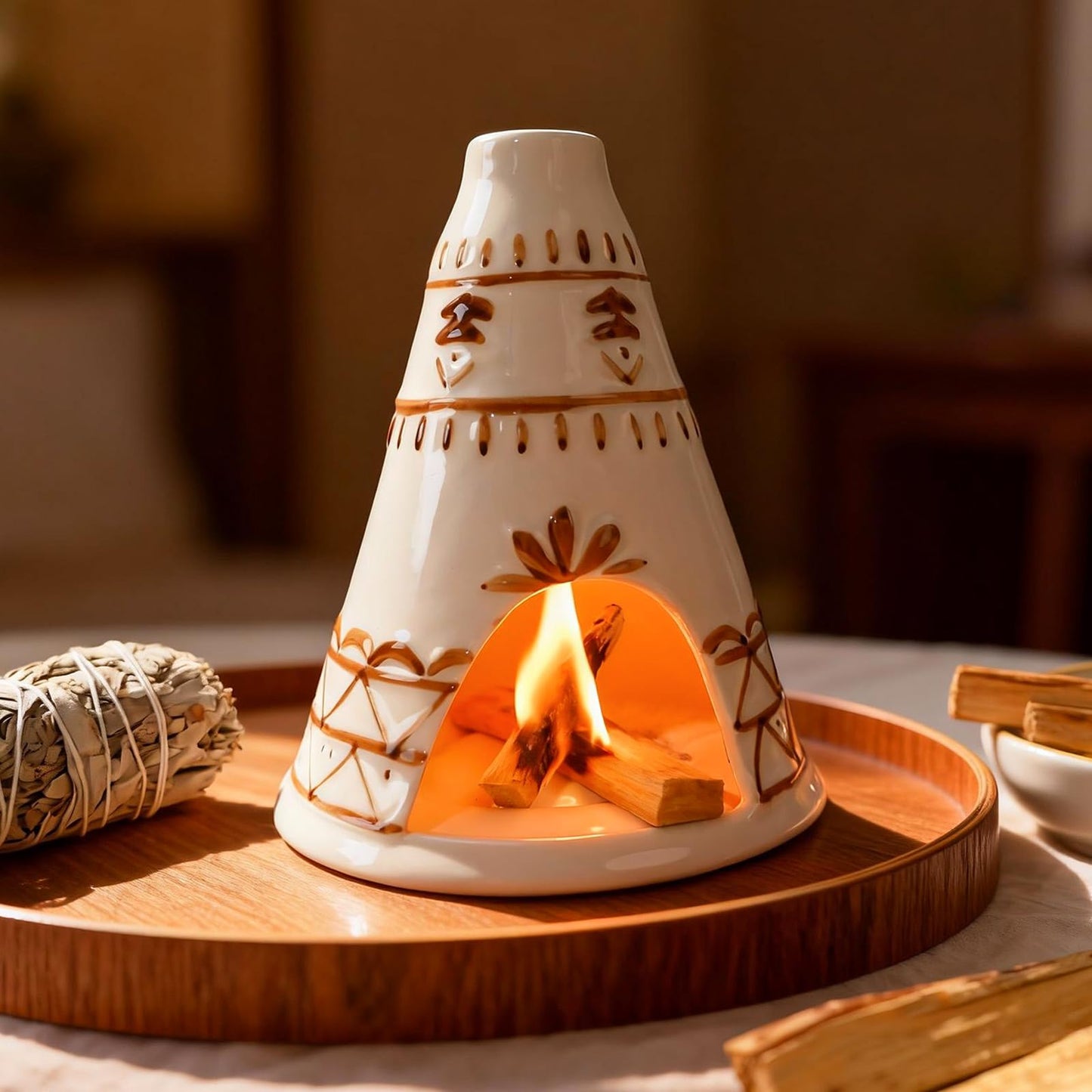 MOUGIGI Handcrafted Palo Santo Holder Ceramic Chimney Incense Burner - Tent Shape - Safe for Palo Santo Sticks Sage & Incense Cones for Meditation Yoga Zen Altar Aromatherapy - Thoughtful Gift Idea