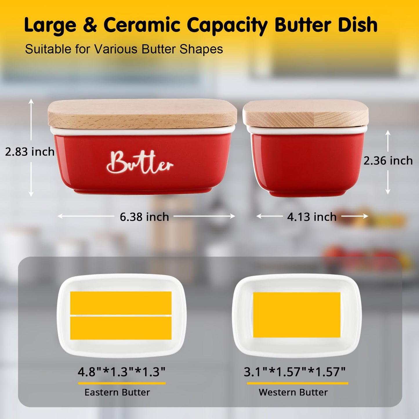 ALELION Red Butter Dish with Lid for Countertop, Ceramic Butter Container with Beech Wood Lid, Airtight Butter Keeper for Counter or Fridge, for Red Kitchen Decor and Accessories