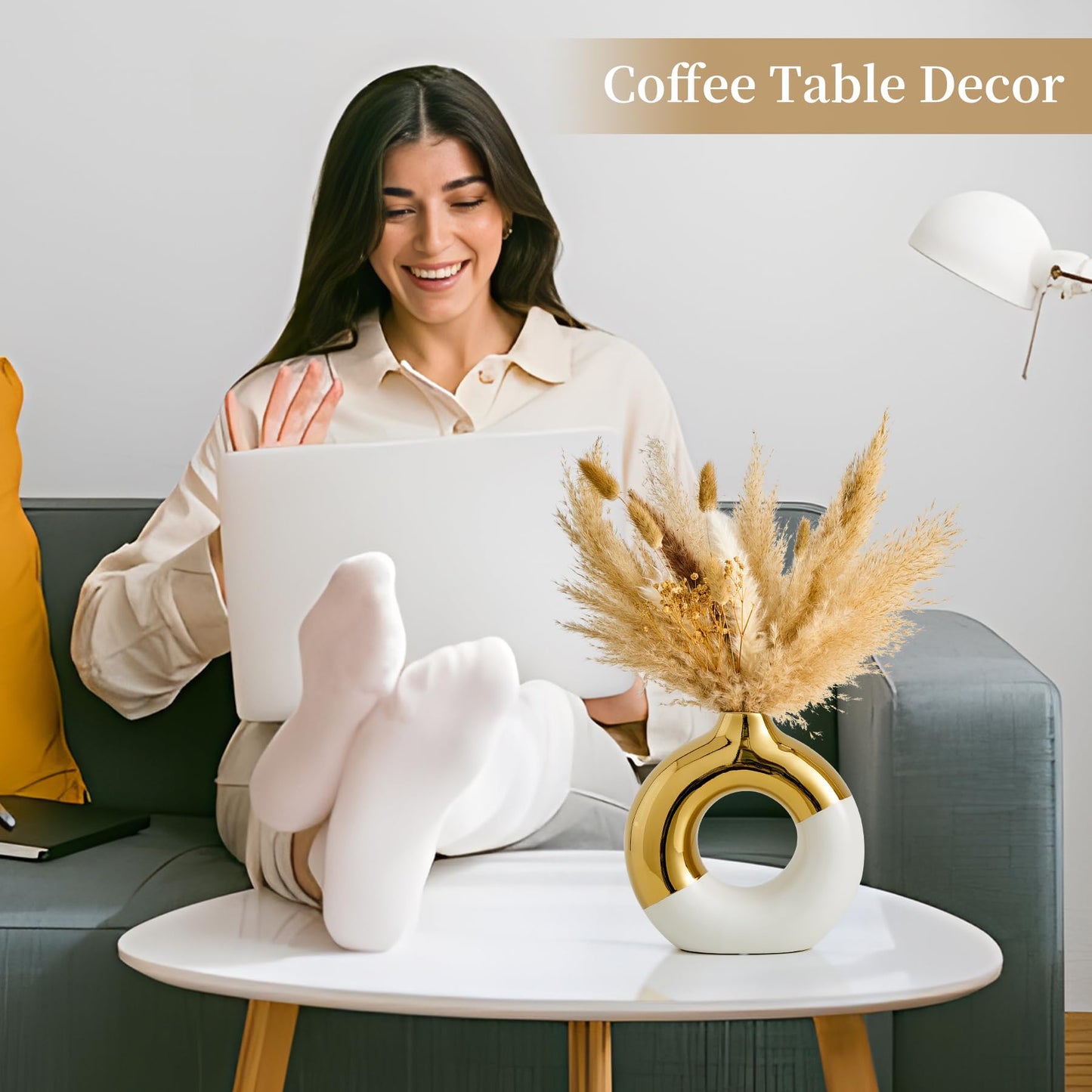 FJS Ceramic Donut Vase, 8" L x 8" H White and Gold Round Vase for Pampas Grass, Nordic Modern Vases for Decor, Ceramic Vase Centerpieces for Wedding, Bedroom, Living Room, Coffee Table, Office