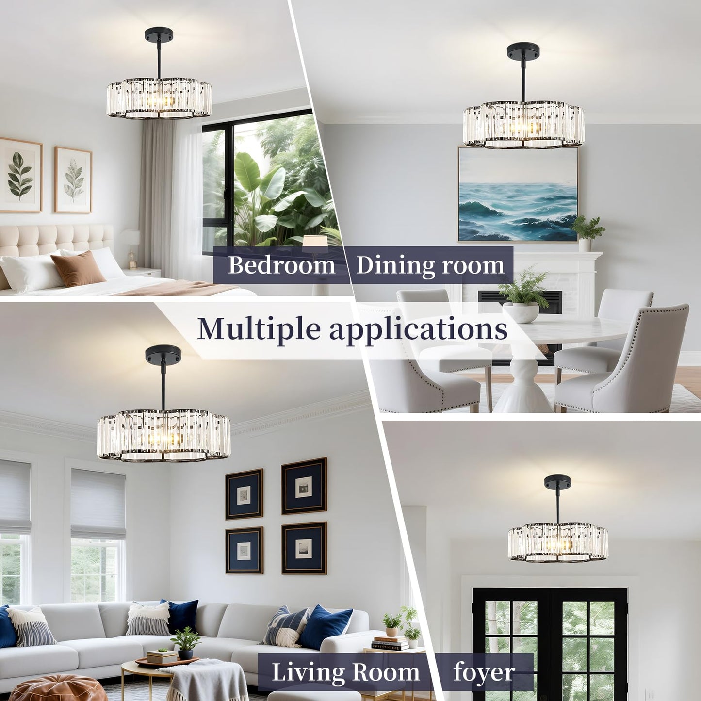 etiruety Modern Black Crystal Semi Flush Mount Ceiling Light Fixtures 16 in