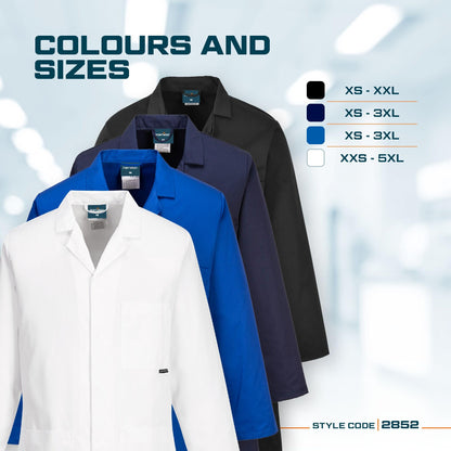 Portwest 2852 Standard Lab Coat Kingsmill Polycotton Professional Protective Workwear Concealed Stud 3 Pocket Storage Durable Comfortable Non-Shrinking, White, S