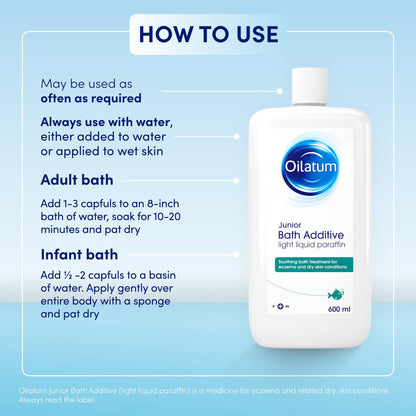 Oilatum Junior, Treatment for Eczema & Dry Skin Conditions, Bath Additive, Protects Skin from Moisture Loss, Fragrance Free, Suitable for Babies & Children, 1 x 600ml