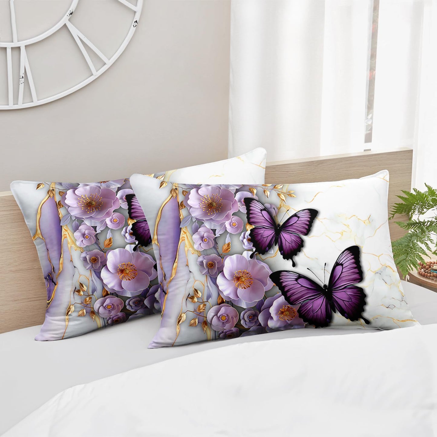AILONEN Purple Floral Butterfly Comforter Set Queen Size,Gold White Marble Flower Bedding Set for Kids Girls Women,1 Quilt with 2 Pillowcases-3 Pieces