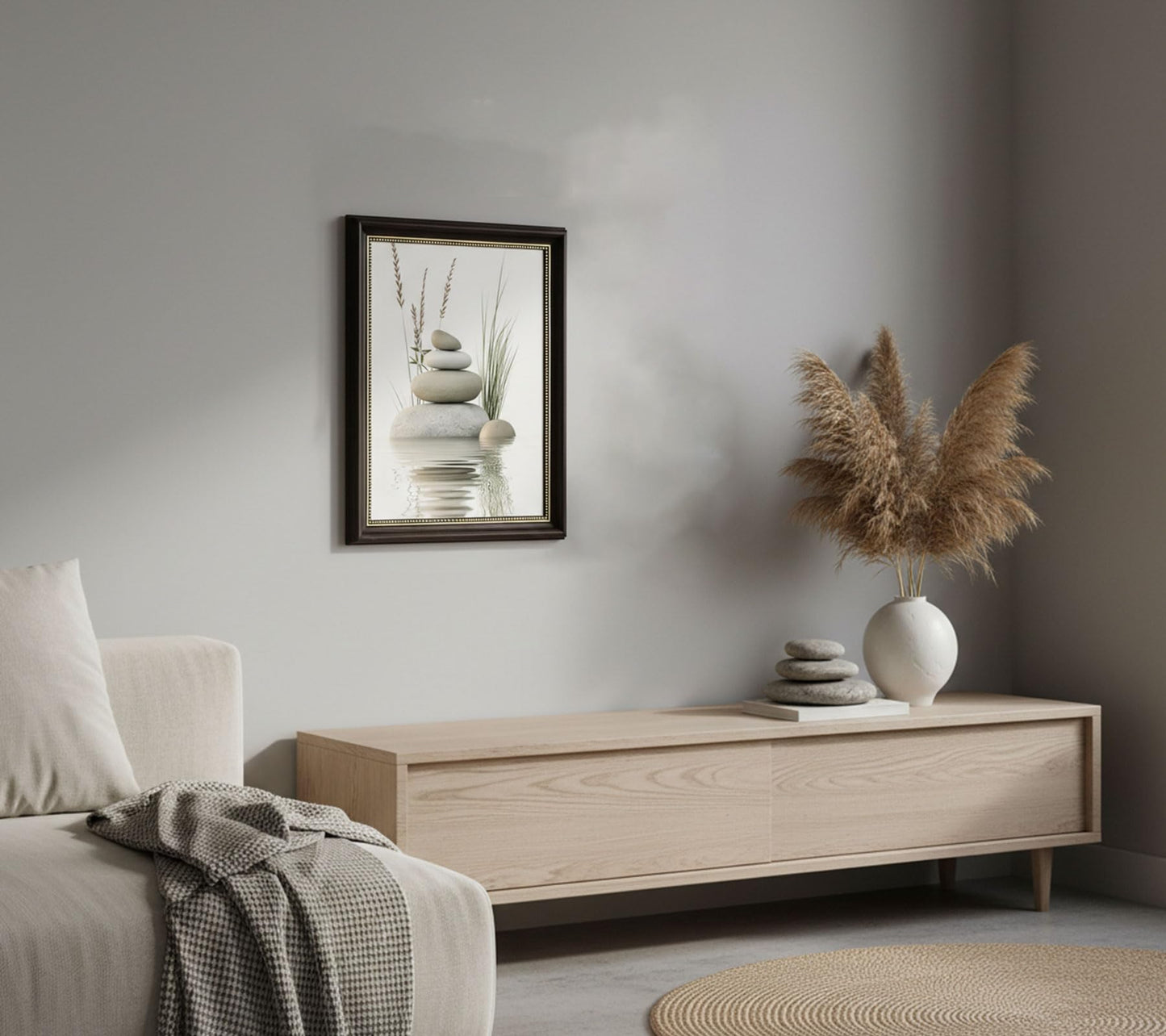 Dark Brown Framed Zen Stone Canvas Wall Art, Stacked Stones in Water Poster Print Artwork, Black White Bathroom Painting Picture Wall Decor, for Spa, Yoga, Meditation Room, Home Decoration, 12x16in