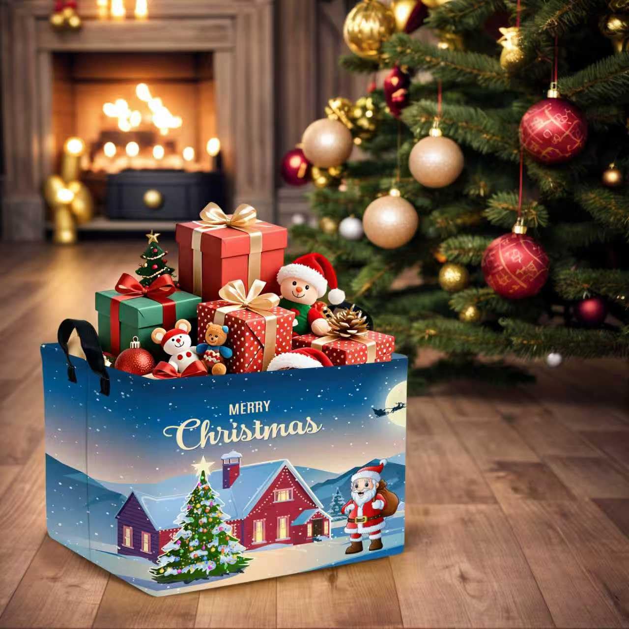 NIETEIN Large Kids Christmas Holiday Gift Empty Baskets Collapsible Families Holiday Storage Bin with Handle (Santa Claus Tree)