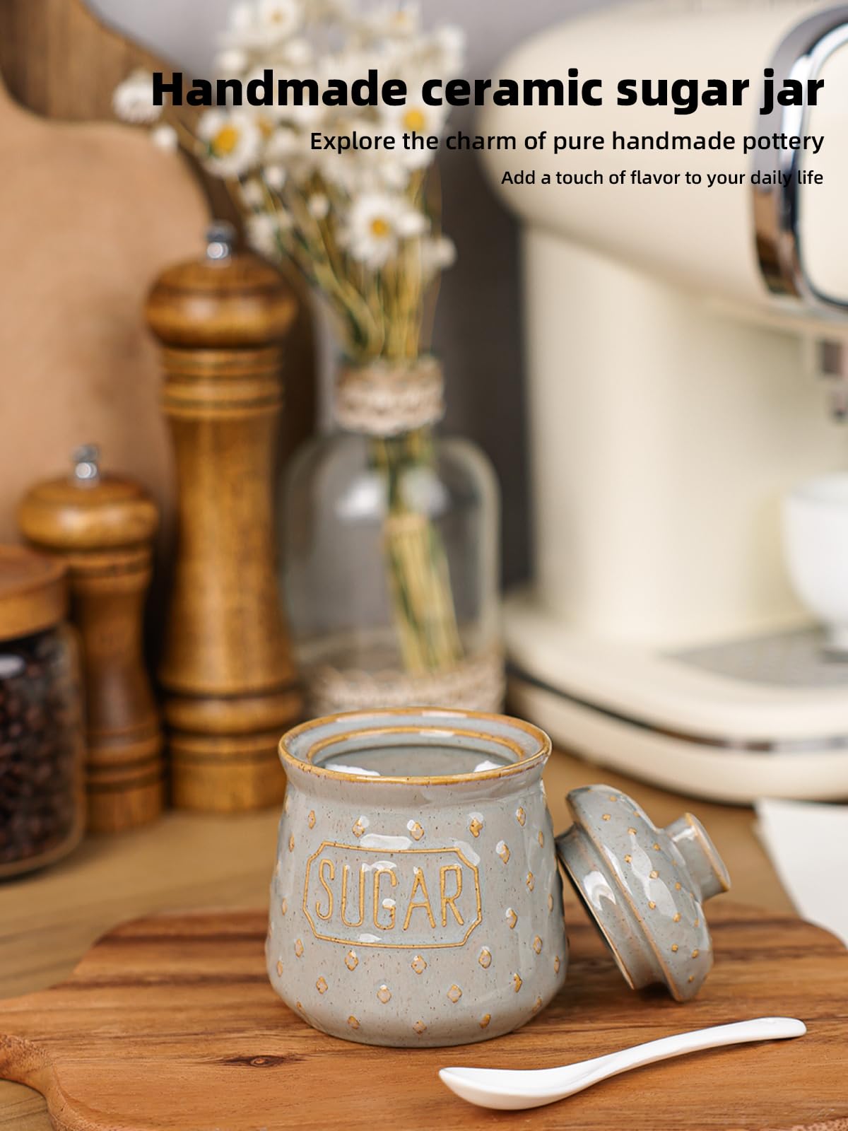 QUXIJA Ceramic Sugar Bowl with Lid and Spoon 10oz, Sugar Container (Vintage Grey)