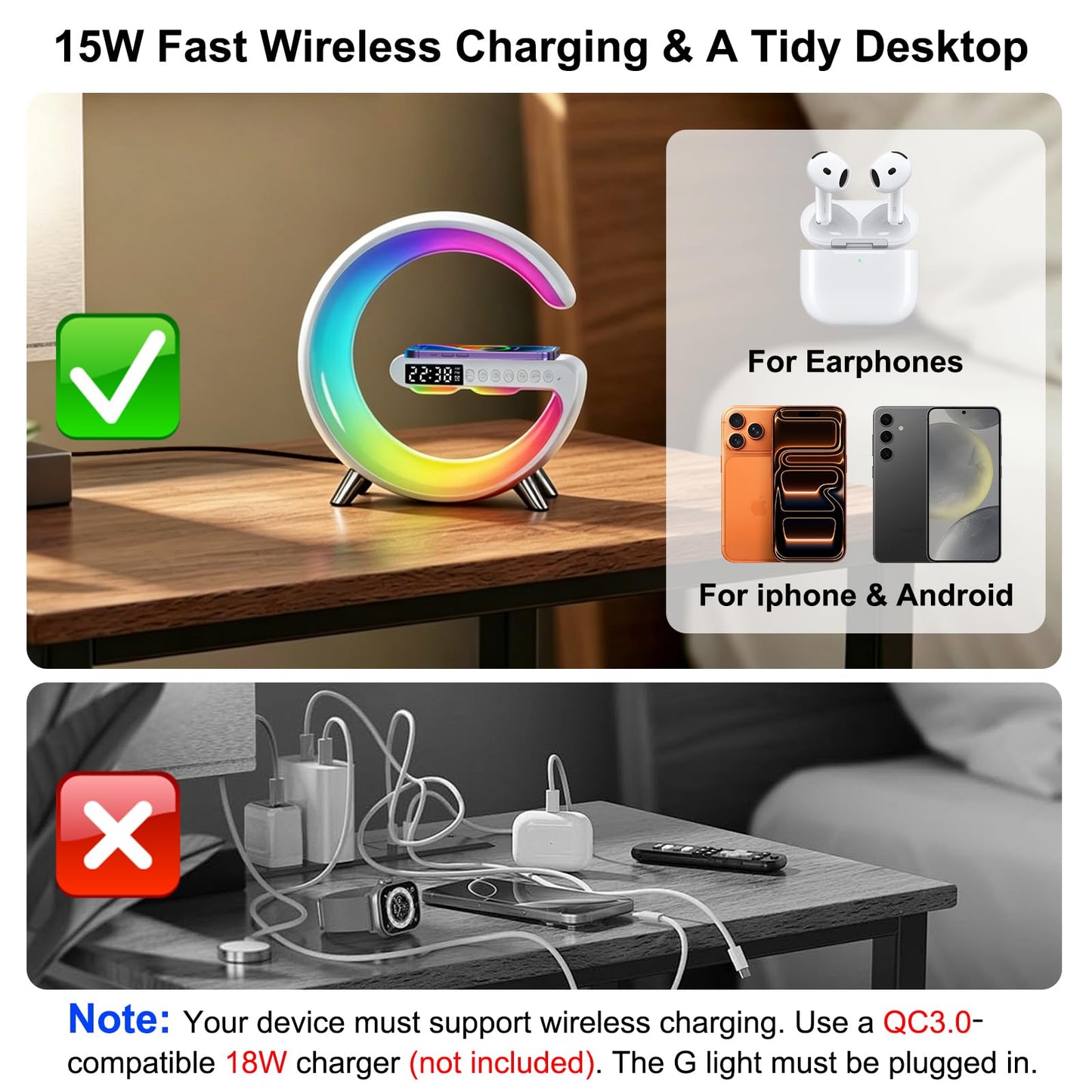 Smart LED Table Lamp with Bluetooth Speaker, Fast Wireless Charger, RGB Night Light, Sunrise Alarm Clock & App Control Bedside Atmosphere Lamp for Bedroom Office Home Decor, Teen Girls Boys Gifts