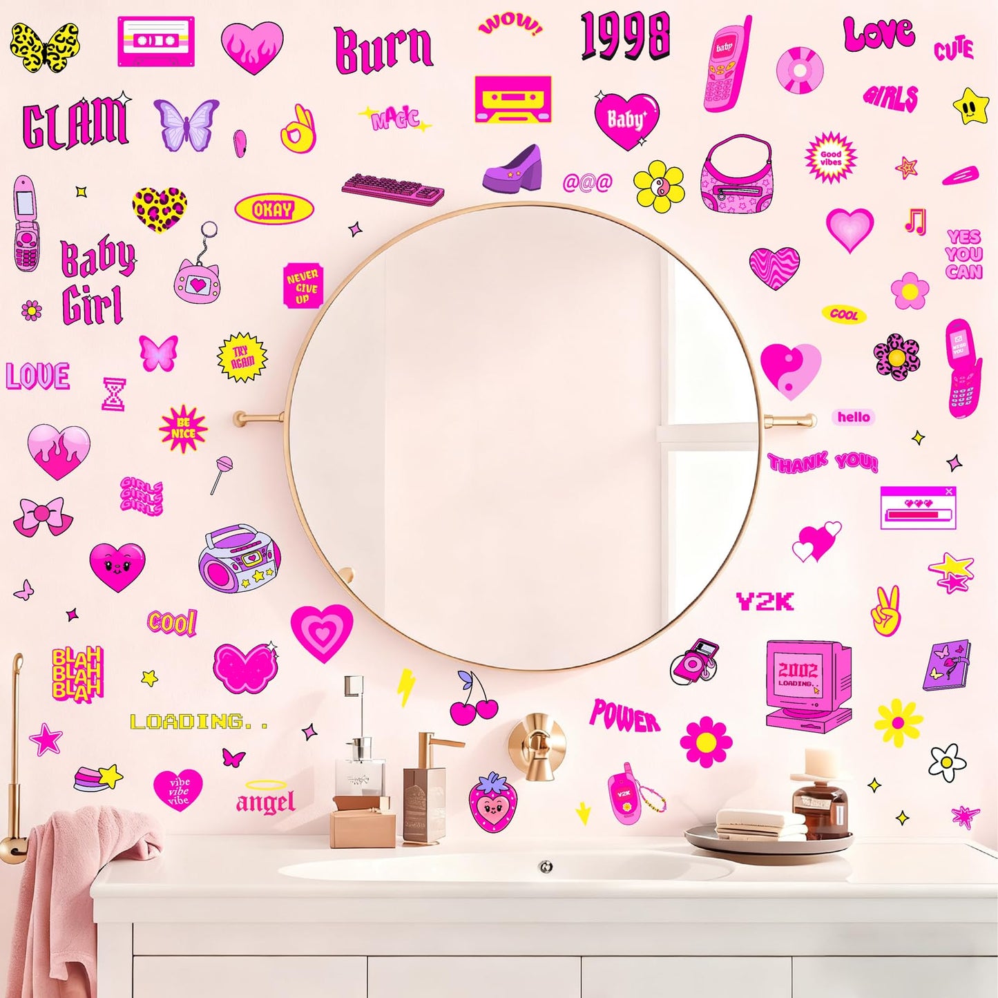 Cute Pink Wall Stickers Princess Girly Wall Decals Aesthetic Trendy Sticker for Girls Room Decor Pink Preppy Stickers for Laptop Water Bottles Decoration Bedroom Playroom Decor