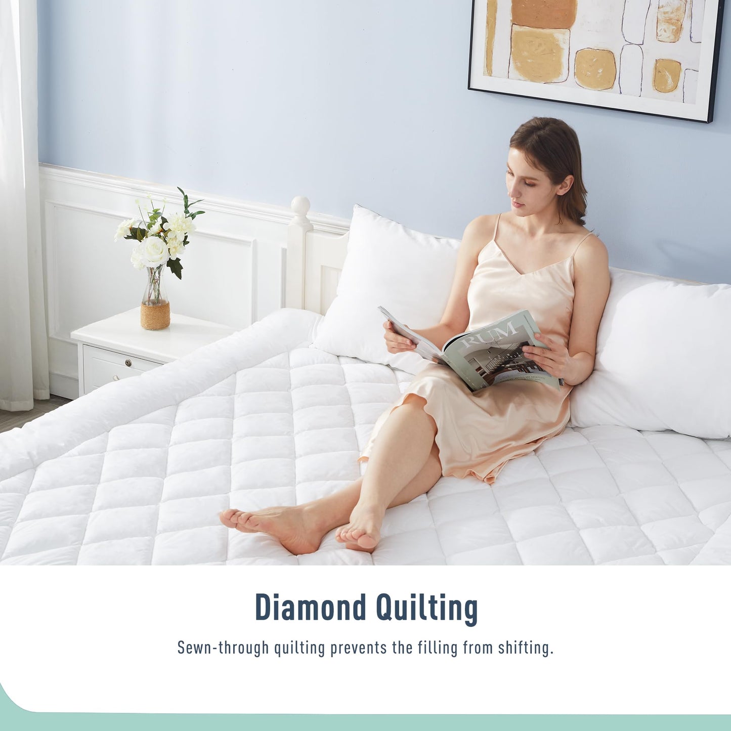 HOMTEC Queen Mattress Pad Cotton Mattress Pad Cover Quilted Mattress Cover 18-22" Deep Pocket Mattress Protector Queen Size Thin Down Alternative Filling Noiseless & Breathable