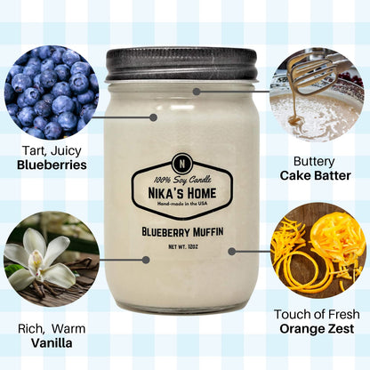 Nika's Home Blueberry Muffin Soy Candle - 12oz Mason Jar - Non-Toxic - Hand Poured in The USA, Long Burning 50-60 Hours Highly Scented All Natural, Clean Burning