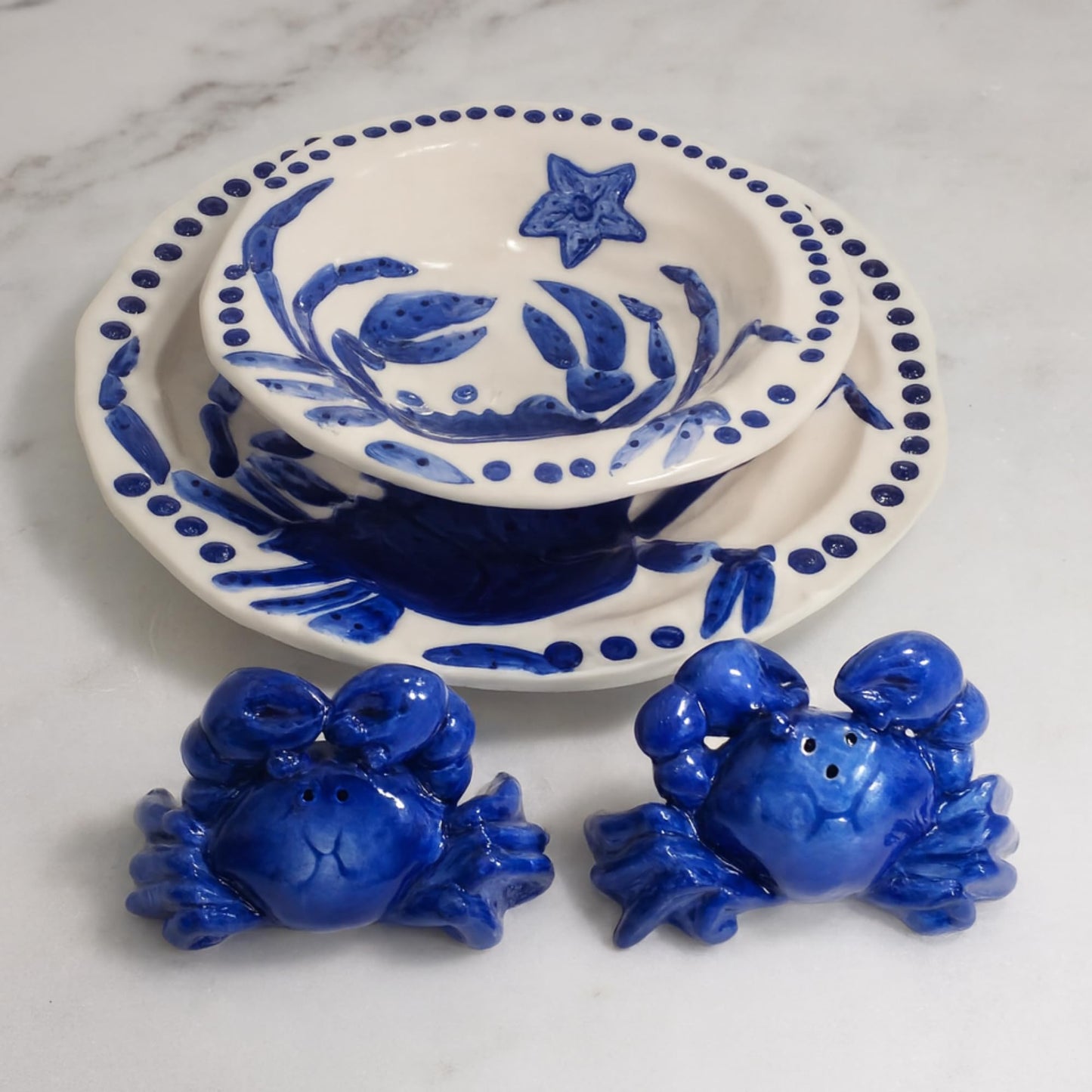 Blue Sky Clayworks Crab Salt & Pepper Shaker Set, Ceramic, 8.25" L x 2.25" W x 2.5" H, Cobalt Coastal Cuties