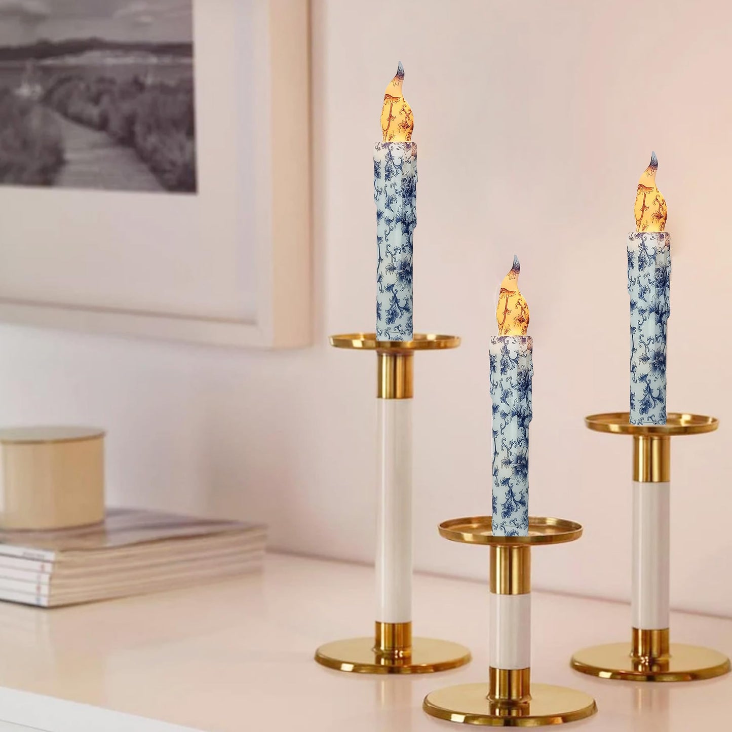 FCMSHAMD Blue and White Porcelain Flameless Short Taper Candles, Drip LED Battery Operated with Remote, Flickering Flame Lights for Home Décor, 6.7 Inch Primitive Flameless Print Candles, 4PCS
