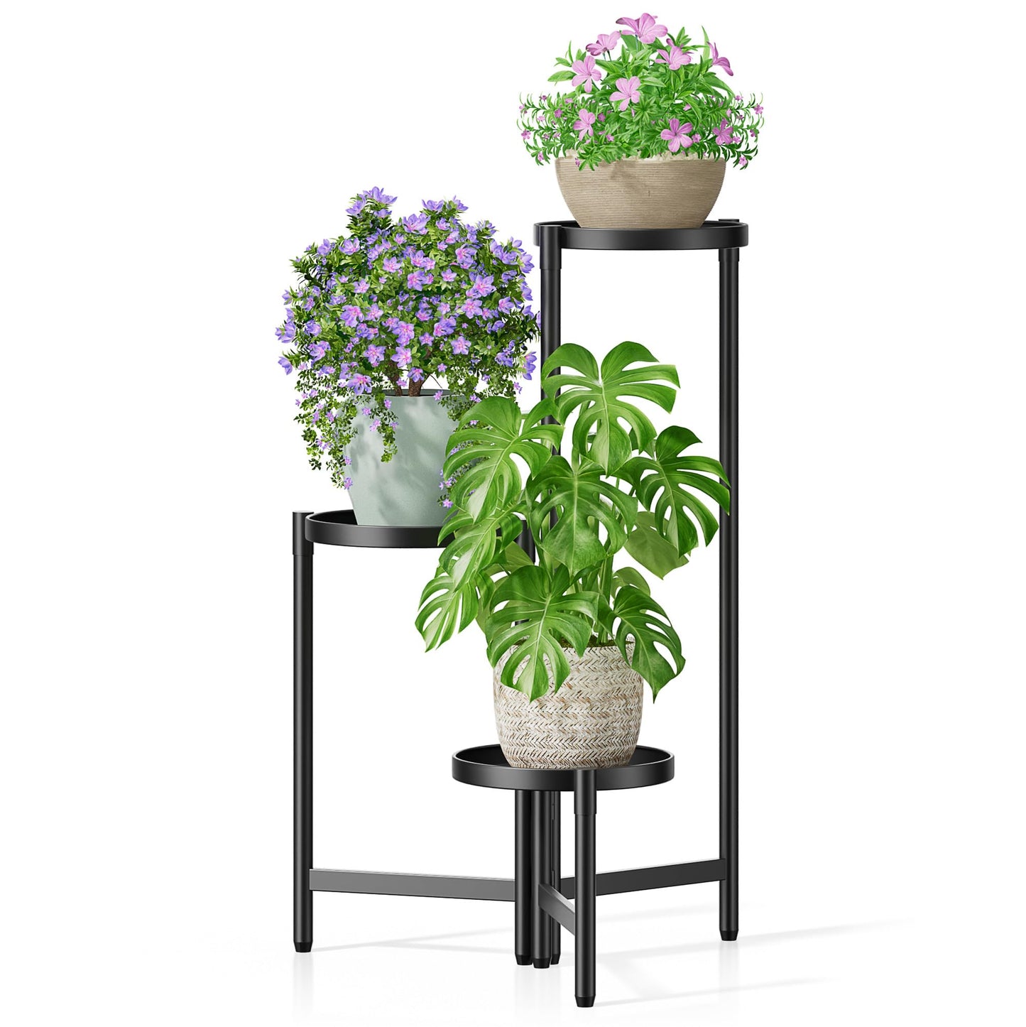 NQW 3 Tier Large Plant Stand Indoor with 7.9 Inch Wide Tray, Tiered Corner Metal Outdoor Flower Holder Stand, Folding Tall Rack for Display Shelf for Patio Porch Balcony - BlackDisk