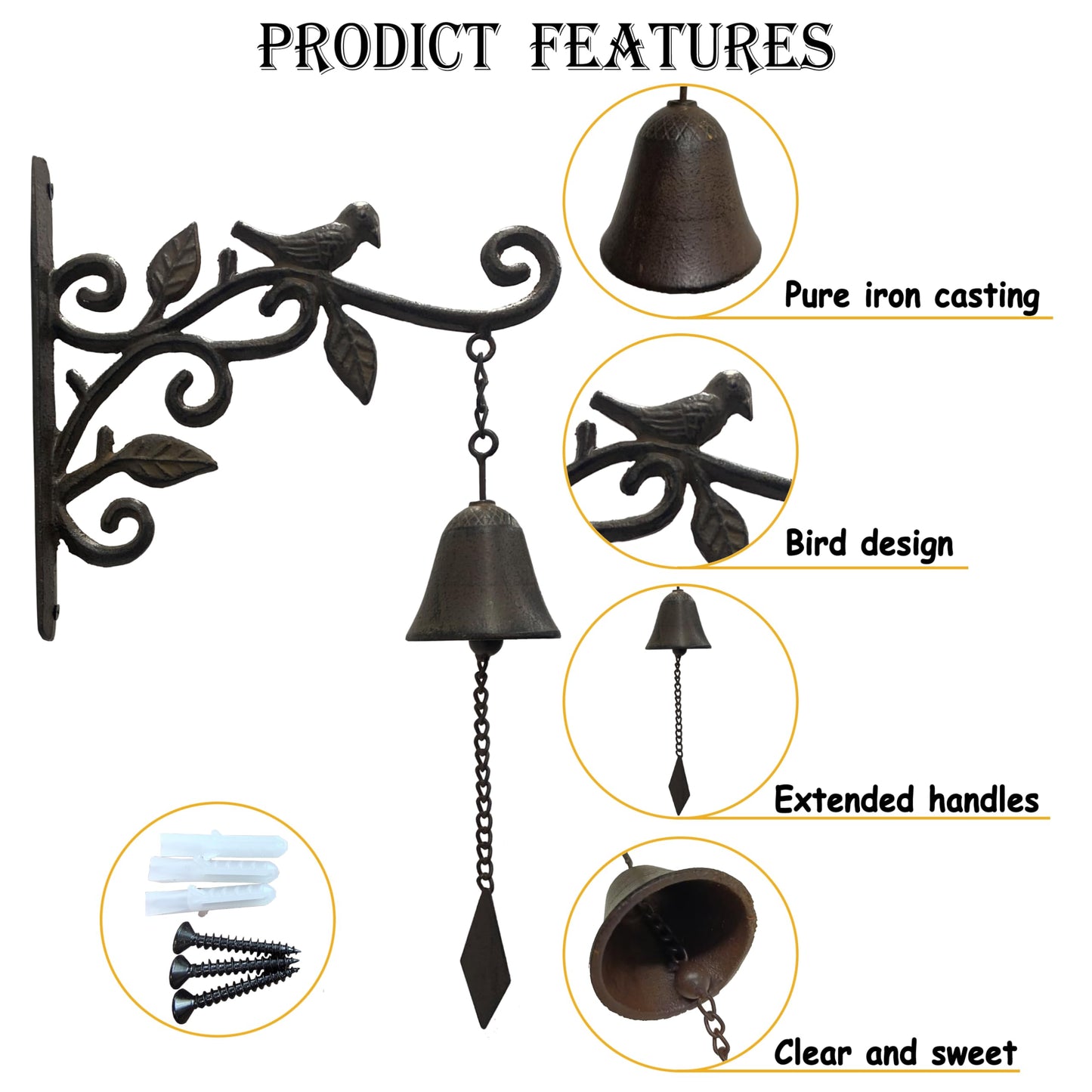 ChengPin Outdoor Iron Dinner Bell, Wall Mounted Hanging Bell, Clear Melodious Sound, Decor for Door Garden Yard Home (Black Bird)