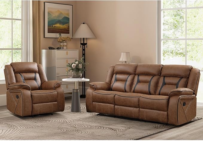 EBELLO Manual Recliner Sofa Set, Faux Leather Reclining Living Room Furniture