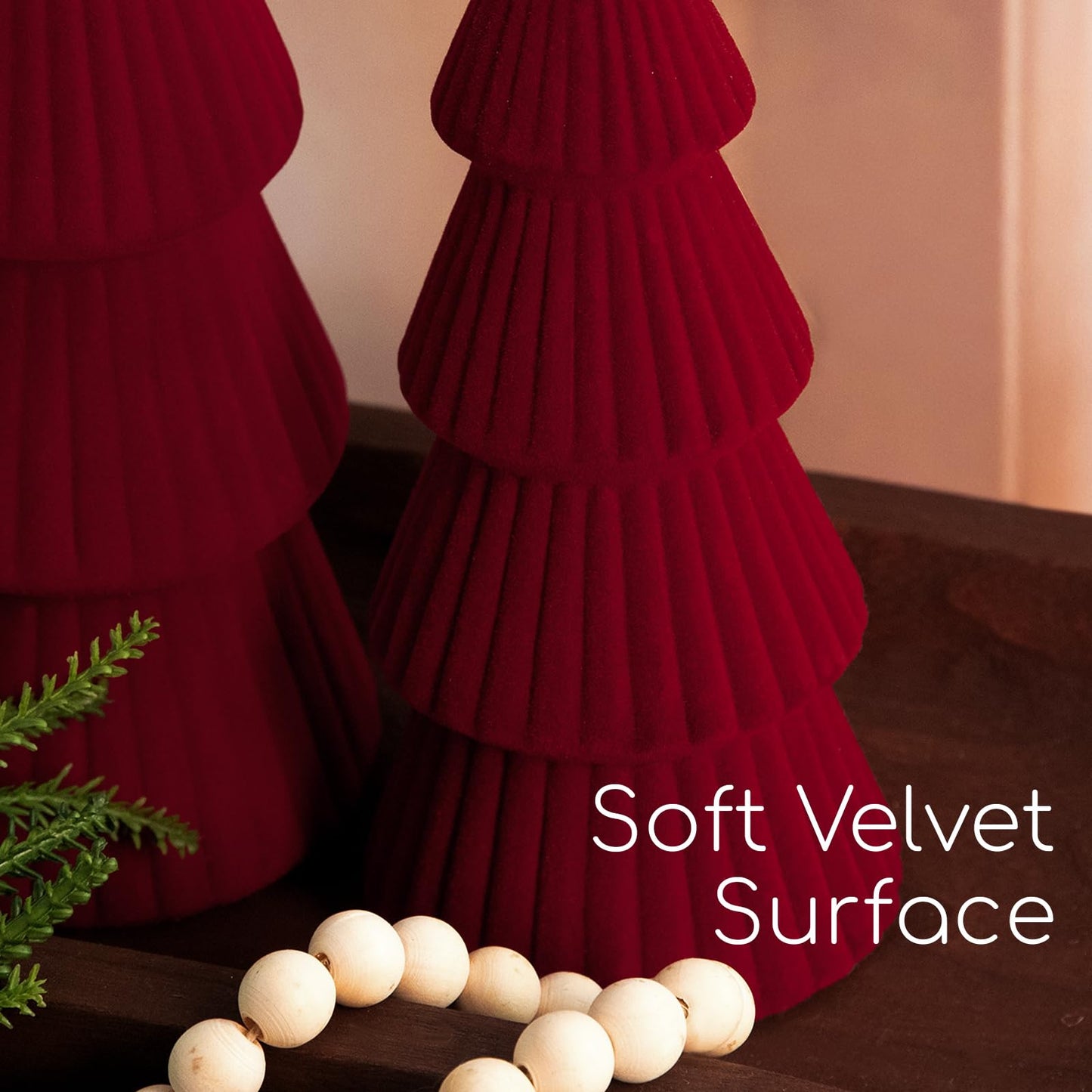Christmas Decorations - Set of 3 Velvet Ceramic Christmas Trees - Modern Cone Indoor Christmas Decoration Centerpieces for Table Mantel and Living Room Home Decor (Red)