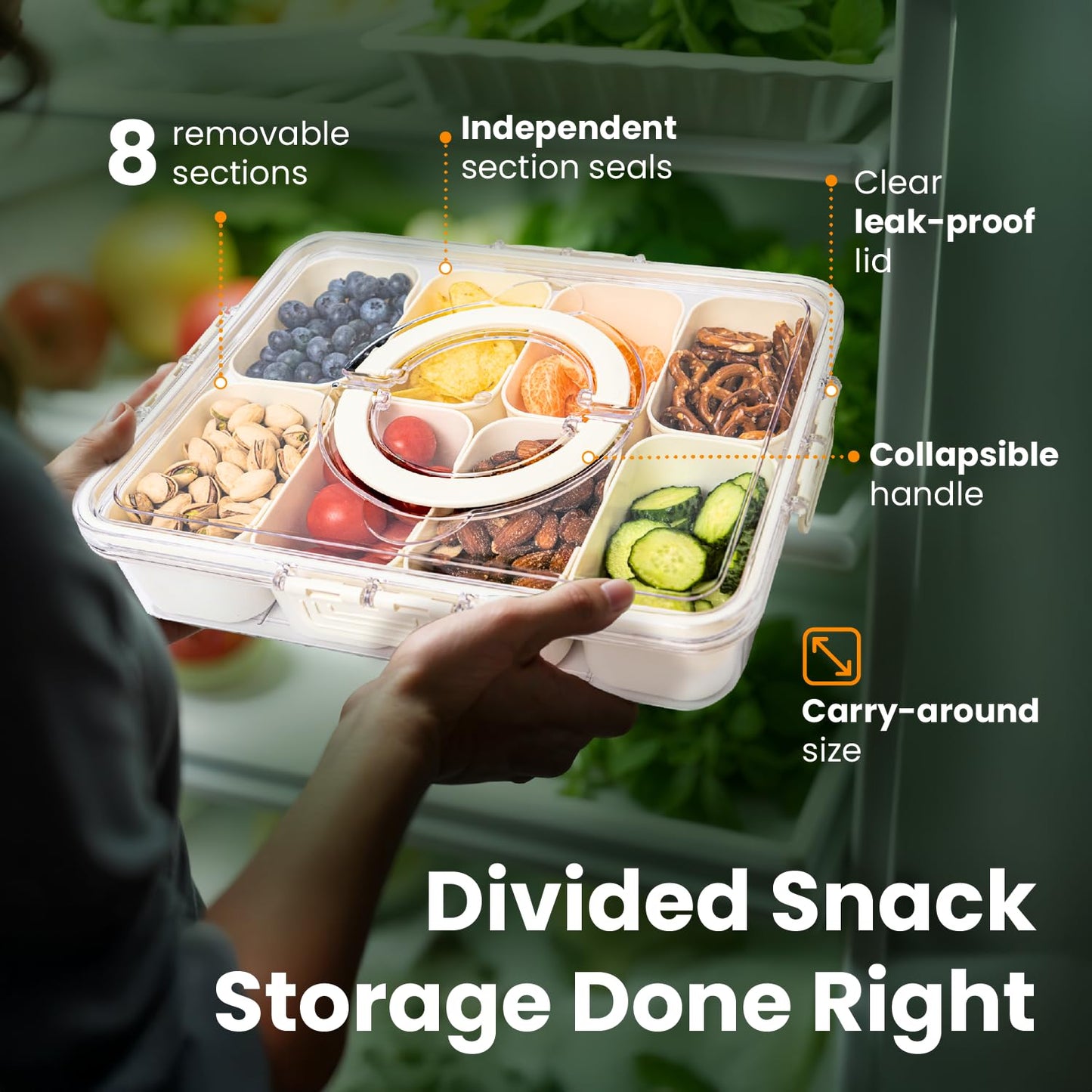 Tidy Club Dishwasher Safe Snackle Box 8 Removable Compartments - Premium PCTG Plastic - Divided Serving Tray with Lid and Handle - Beach Snack Containers - BPA Free - Airplane Snack Container