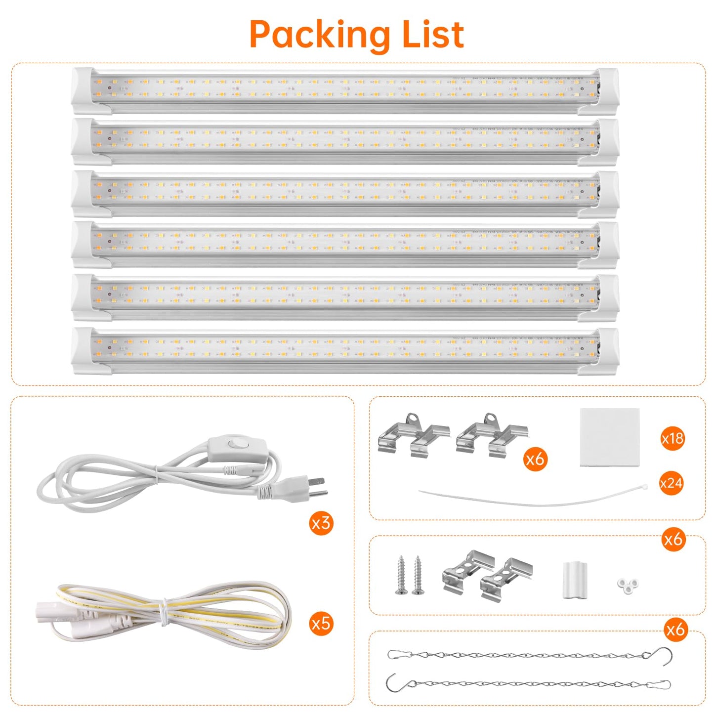 Bstrip T8 Grow Light, 1.4FT 108W (6 x 18W) Plant Lights for Indoor Growing, Full Spectrum with 660nm Red LEDs, 3467K, Ideal for Indoor Plants, Greenhouse, Linkable Design with On/Off Switch, 6-Pack