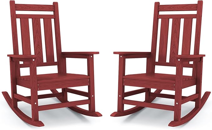 KINGYES Oversized Outdoor Rocking Chair Set of 2, All-Weather Patio Rocking Chairs for Porch, HDPE Outdoor Patio Rockers with High Back & Wide Seat for Garden, Lawn, Red