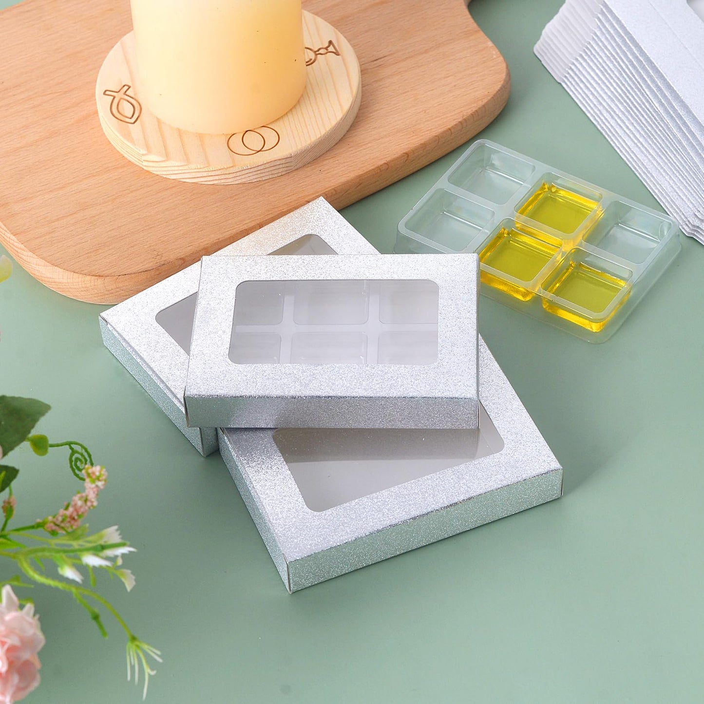 50 Pcs Silver Glitter Gift Boxes for Wax Melts 6 Cavity Plastic Wax Melt Molds with Box Crystal Wax Melts Containers Boxes Wax Melt Cube Trays for Wrapping Gifts Wax Cubes Wax Tarts Wax Block