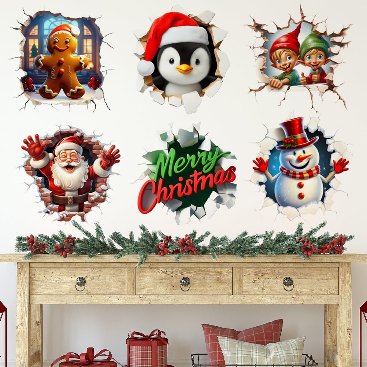 3D Christmas Decals Christmas Santa Claus Gingerbread Man Snowman Wall Stickers Removable Wall Decals Art Decor for Xmas Holiday Party Supplies Home Wall Decor
