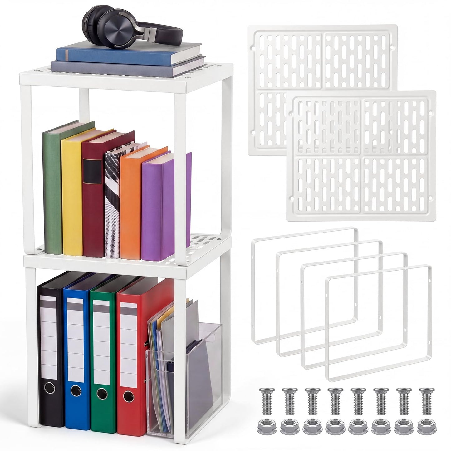 Colarr 2 Pcs Locker Organizer Shelf Stackable 2-Tier Shelves Fits Standard Size School Lockers Heavy Duty Metal Locker Shelf for School Office Gym Lockers Home Storage 11x 10 x 12 Inch(White)