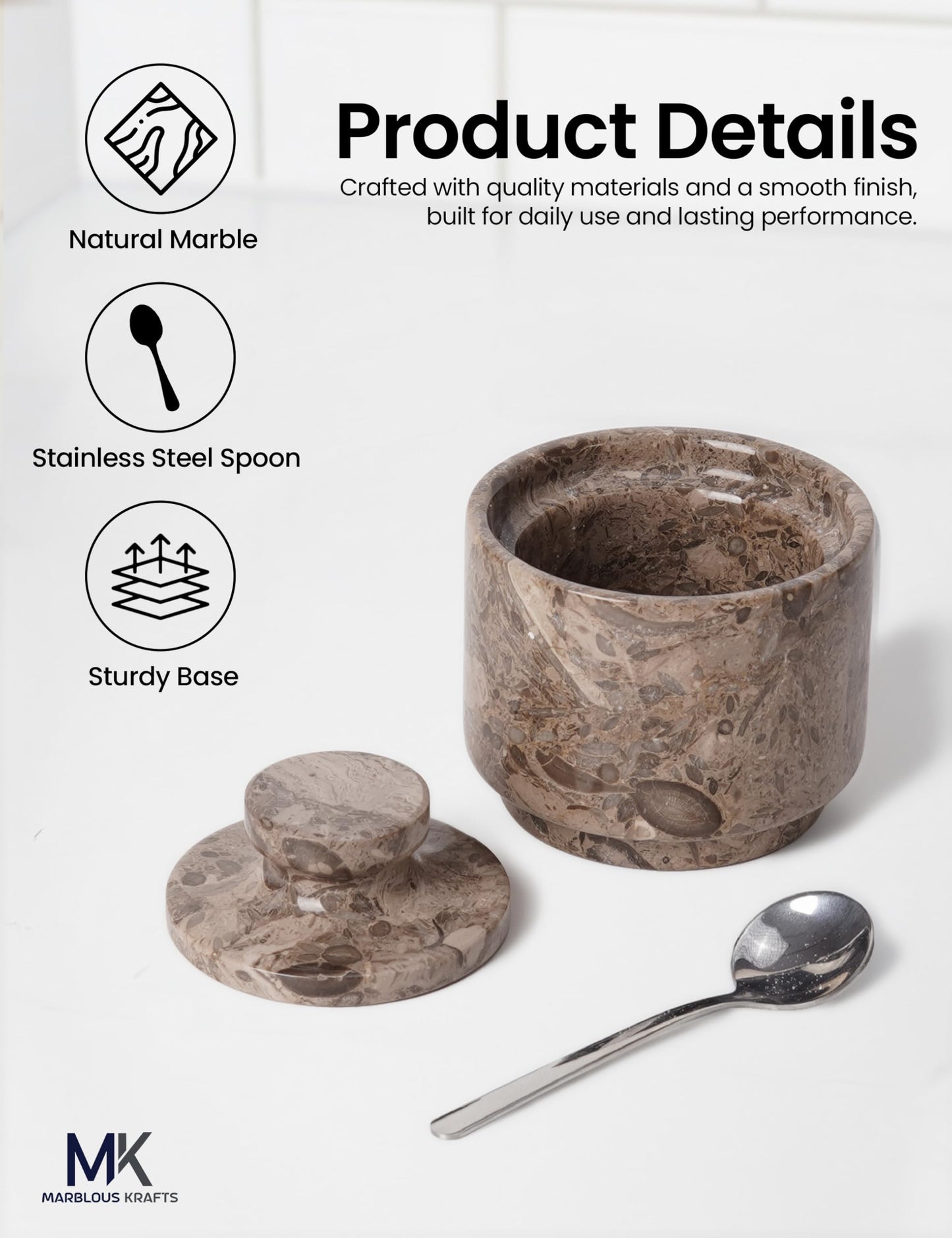 MARBLOUS KRAFTS Marble Salt Cellar Oceanic 3" Flaky Salt Dish for Countertop Ideal Spice Box, Candy Bowl, Brown Sugar Jar with Lid and Spoon, Kitchen Storage, Gift for New Home