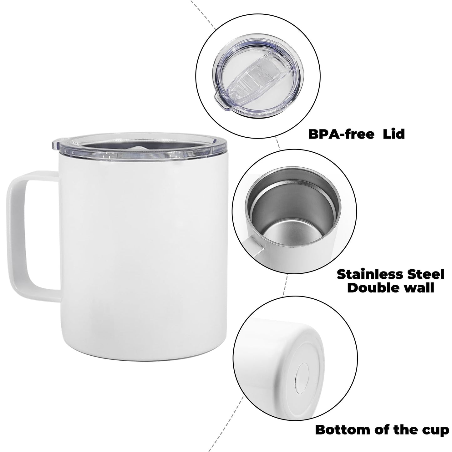 ZREGGUR 25packs 12oz Plain White Stainless Steel Sublimation Blanks Mug With Lid Double Wall Travel Coffee Cups With Thick Handles Camping Insulated Drinking Tumbler