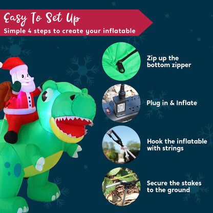 Joiedomi 6 FT Long Christmas Inflatable Dinosaur Outdoor Decoration, Inflatable Santa Riding Dinosaur with Build-in LEDs, Christmas Blow Up Yard Decoration for Xmas Party Garden Lawn Winter Décor