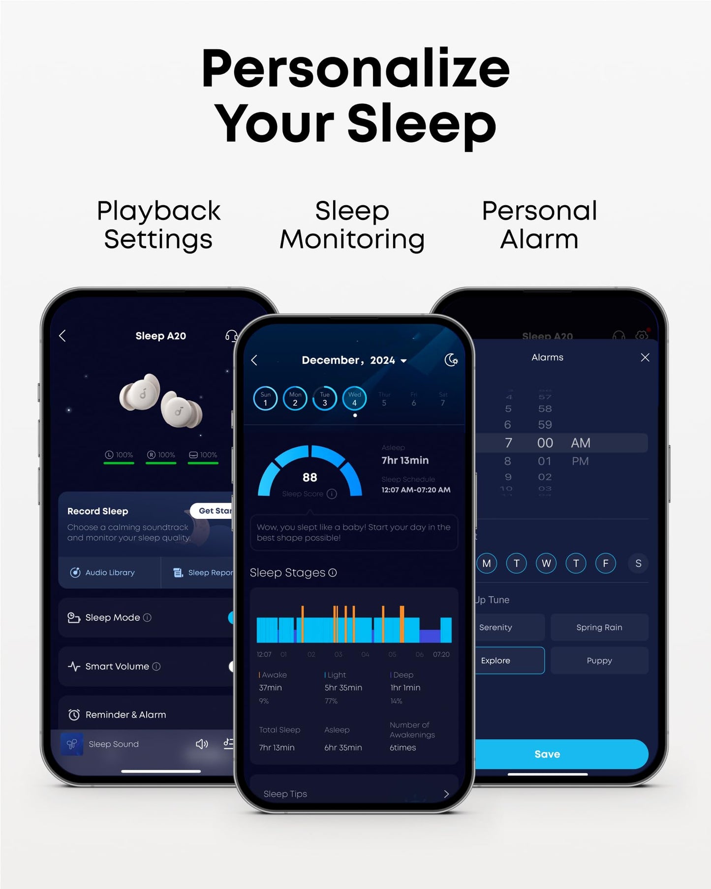 Soundcore Sleep A20 Earbuds by Anker, Noise Blocking, Comfy for Side Sleepers, AI Brainwave Audio, 80H Playtime, Stream Content via Bluetooth 5.3, Sleep Monitor, Personal Alarm