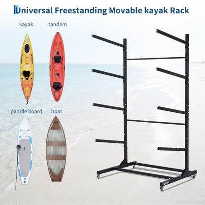 GarveeLife Heavy Duty 4-Tier Freestanding Kayak Storage Rack with Adjustable Detachable Wheels – Stand for Kayaks, Canoes, SUPs, Surfboards – Indoor or Outdoor, Garage Paddleboard Organizer,