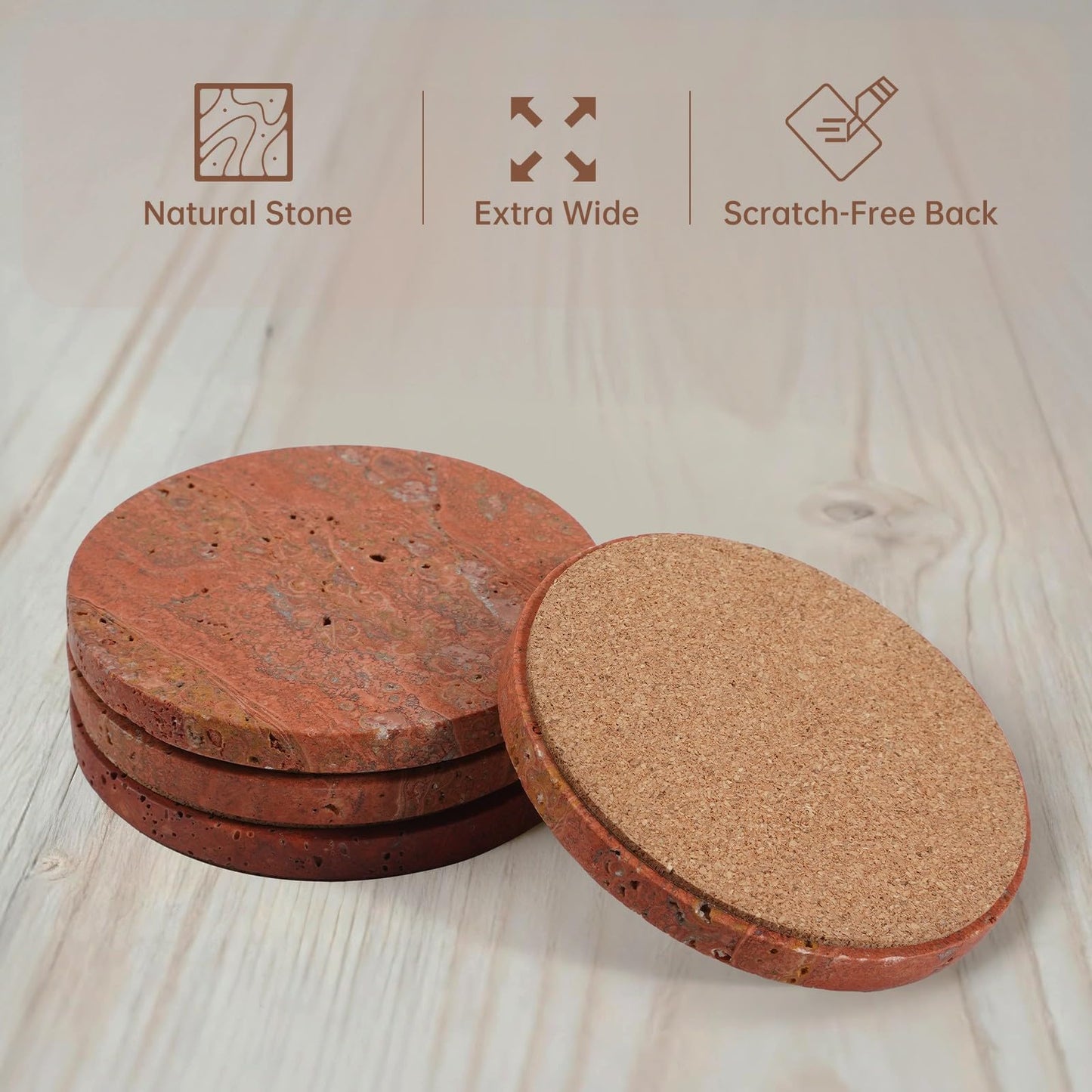 Red Travertine Coasters Set of 4, 10cm Diameter Natural Stone Coasters with Non-Slip Cork Backing, for Coffee Table Kitchen Office Decor