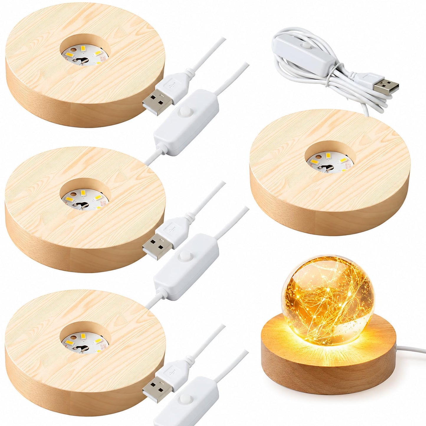 Sileasncei 4 Pack Wooden LED Light Display Base with Switch, 3.9” Round Warm Light Stand for Crystal Glass Ball Figurine, USB Powered Lighted Holder for Resin Crafts, Art Decoration