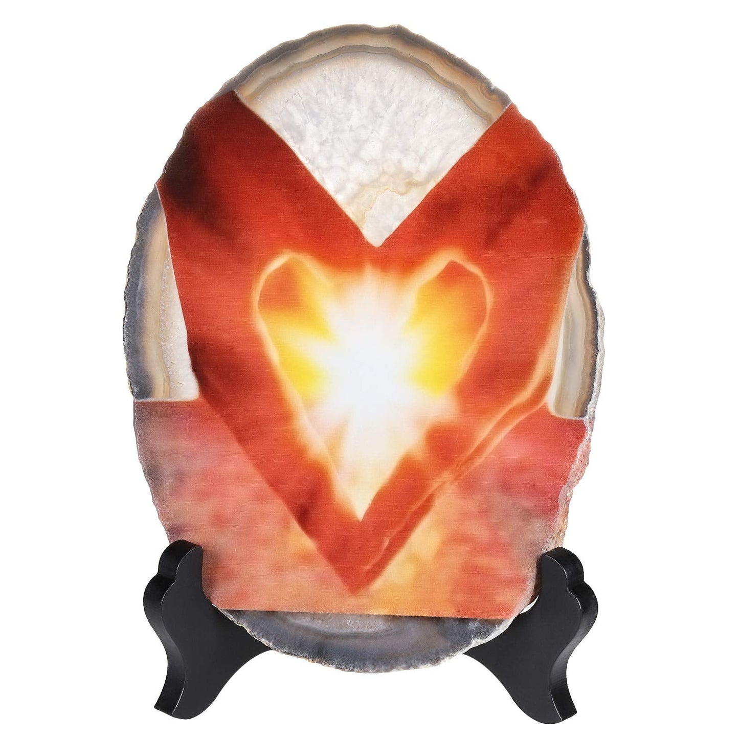 mookaitedecor Natural Agate Slice Art Print Heart Gesture Table Display with Wooden Stand, Irregular Agate Geode Stone Figurine for Office & Home Decoration