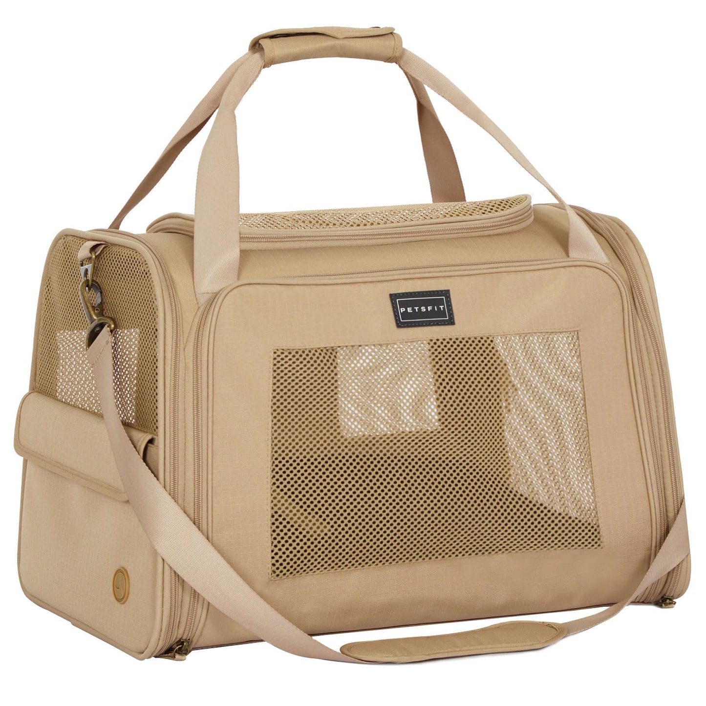 Petsfit Large Cat Carrier, Lightweight Travel Use Pet Carrier for Small Dogs and Cat, Dog Carriers with Expandable mat, Upgraded Large Space Soft Sided Pet Travel Carrier, Khaki