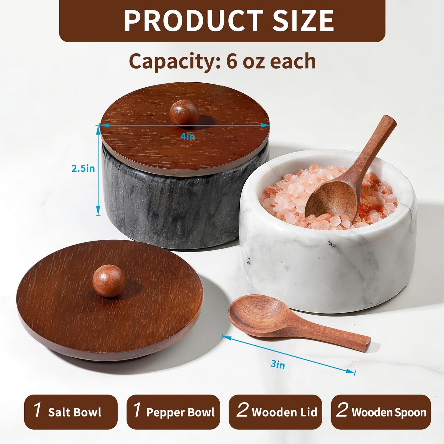MINCORD Marble Salt and Pepper Bowls Set with Lids and Spoons – Natural Stone Salt Cellar & Pinch Pots for Kitchen Counter – Modern Spice Keeper Container for Gourmet Sea Salt, Kosher & Finishing Salt