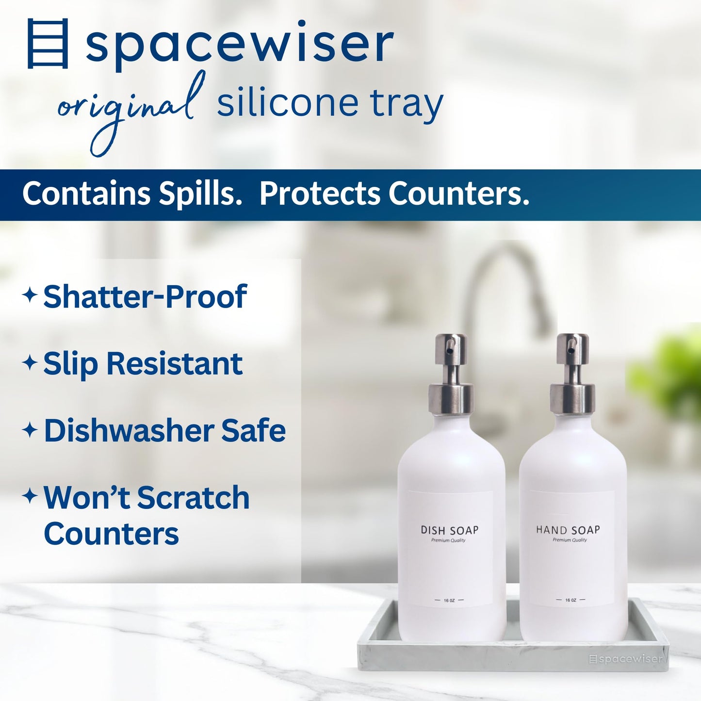 Spacewiser Countertop and Vanity Tray - Small 7.7” Silicone Tray for Soap Dispenser Bottles, Sponge Holder for Kitchen Sink Caddy Organizer, Bathroom Trays, Dish Soap Holder for Kitchen Counter, Keys