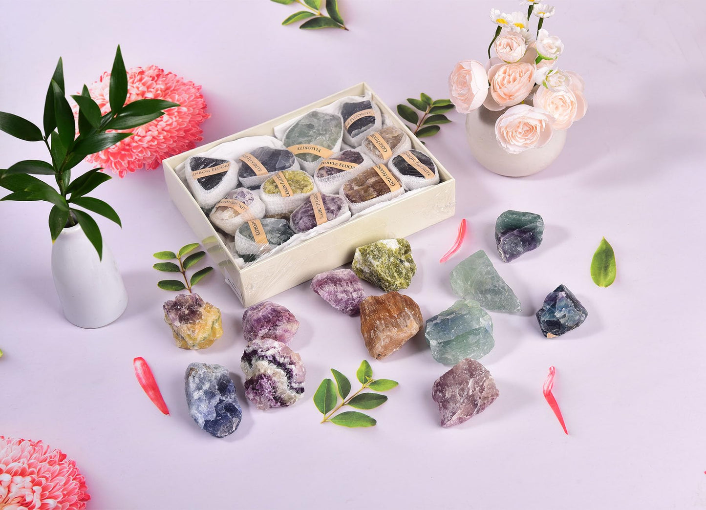 AMOYSTONE 1 LBS Bulk Mixed Fluorite Crystal Set in Display Box - 1-2" Natural Specimens for Office Decor & Collectors