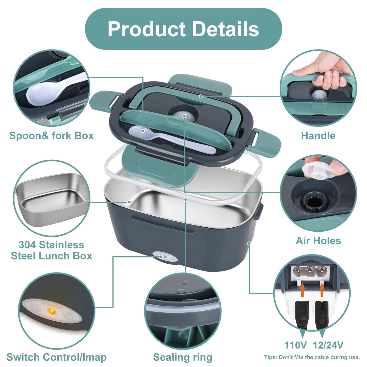 Electric Lunch Box Food Heater, 3 in 1 Ultra Quick Heated Lunch Boxes for Adults, 12V/24V/110V Portable Food Warmer for Car/Truck/Office With Fork Spoon and Insulated Carry Bag