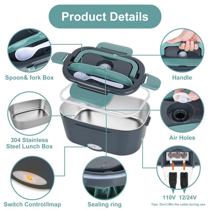 Electric Lunch Box Food Heater, 3 in 1 Ultra Quick Heated Lunch Boxes for Adults, 12V/24V/110V Portable Food Warmer for Car/Truck/Office With Fork Spoon and Insulated Carry Bag