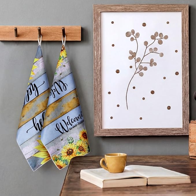 Bencailor 4 Pcs Sunflower Kitchen Towels Farmhouse Wood Grain Hand Dish Towels