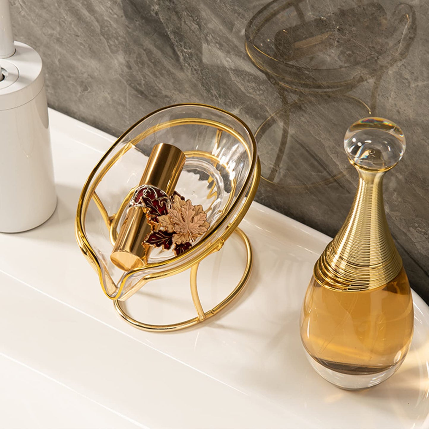 Plcnn Bar Soap Holder Self Draining Soap Dish, Decorative Bathroom Soap Tray with Gold Iron Frame Creative Soap Box for Bathroom, Kitchen Sink Home Gift