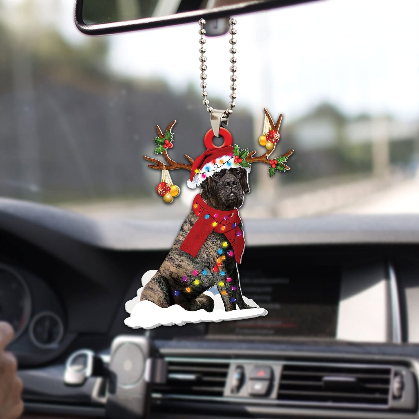 Talataca Brindle English Mastiff Christmas Hat Reindeer With String Light 2D Flat Car Rear View Mirror Accessories Christmas Tree Ornament Decoration Hanging Charm Interior Rearview Pendant Decor Gift