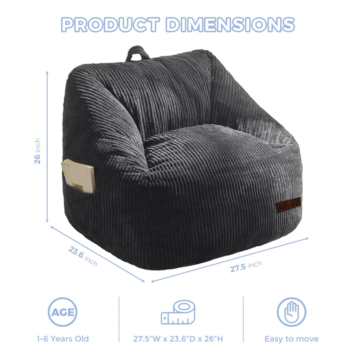 MAXYOYO Kids Bean Bag Chair, Bean Bag Couch with Handle, Comfy Toddler Chair for Boys and Girls, Accent Sofa Chair with Pocket for Gaming Reading Relaxing, Dark Grey