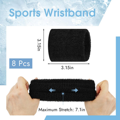 PEASUG 8 Pcs Sports Wrist Sweat Bands for Men & Women，Absorbent Wrist Sweatbands Tennis Wristbands, Elastic Wrist Bands for Sweat for Basketball Tennis Football Gym Running Working Out, Black