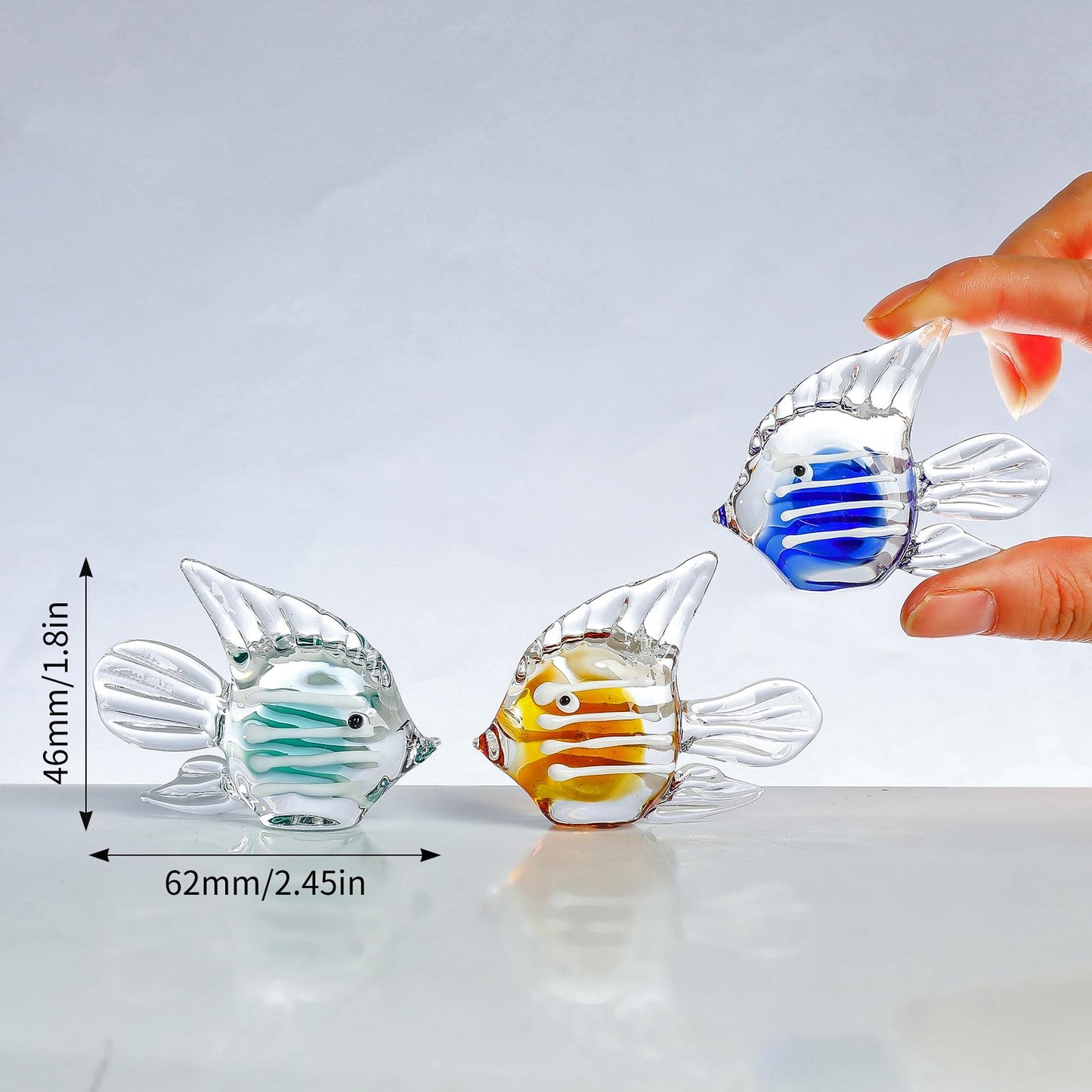 LONGWIN Miniature Blown Glass Fish Figurines Collectible Decor for Home, Handcrafted Glass Sea Animal Sculpture, Set of 3