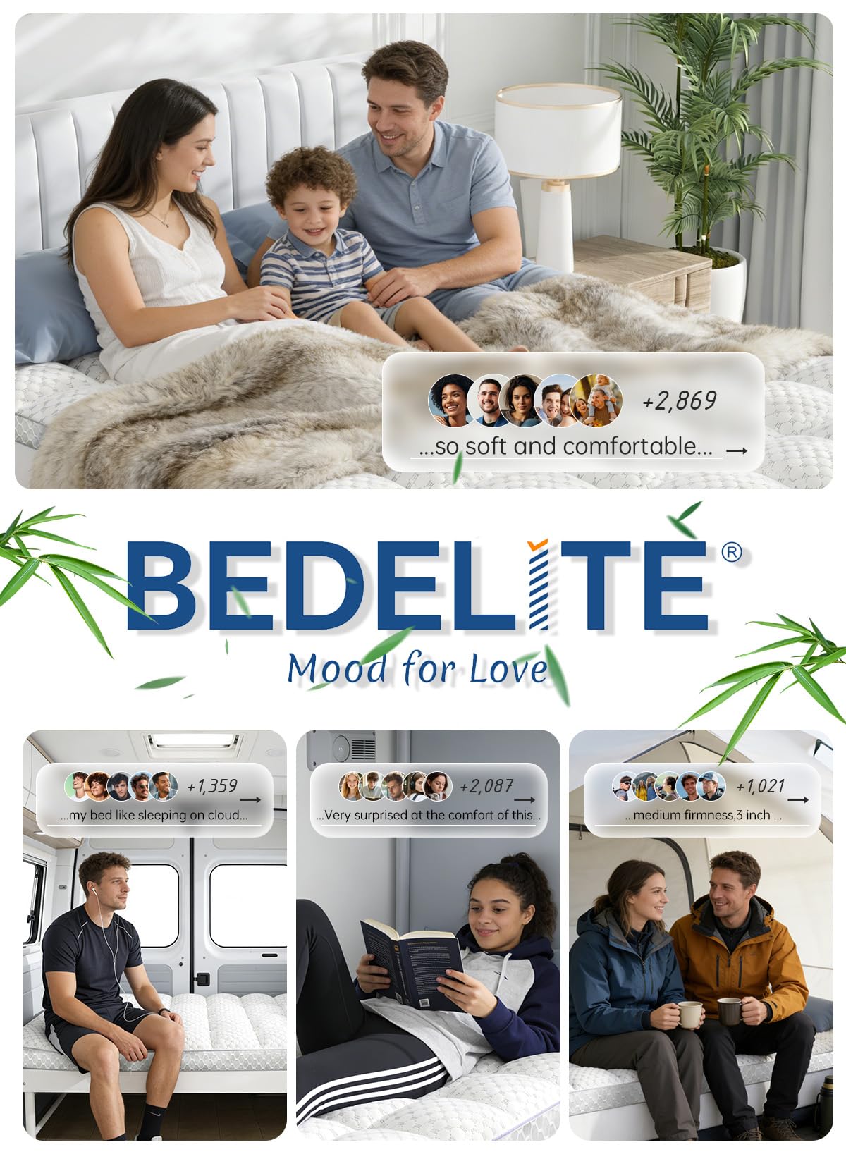 BEDELITE King Mattress Topper 3 Inch Thick Mattress Pad, Plush Pillow Top Bed Cover with Elastic Deep Pockets Up to 6-24 Inch for Pressure Relief, Shredded Memory Foam Filling (White)