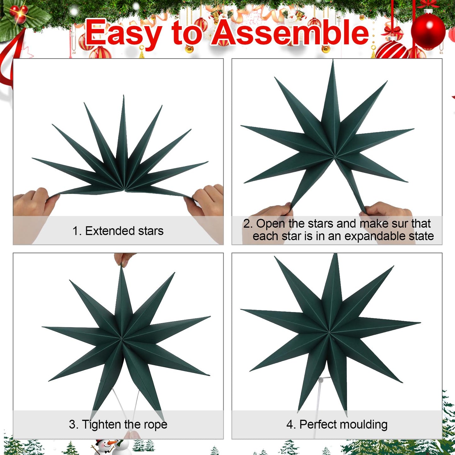 BestoFun 12 Inches 5 PCS Dark Green Paper Star Lanterns Christmas Party Decorations Hanging Stars Christmas Party Decorations Wedding Birthday Christmas Home Party Decorations(9 Pointed)