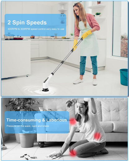 Leebein Electric Spin Scrubber, Cordless Cleaning Brush with 8 Replaceable Brush Heads, Extendable Long Handle Bathroom Cleaning Scrubber, 300/400RPM Spin Scrubber for Bathroom Kitchen Floor Tile